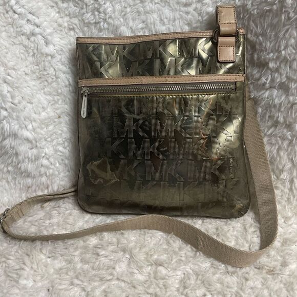 MICHAEL KORS  MIRROR METALLIC LOGO  metallic gold crossbody bag tan leather trim - Picture 1 of 16
